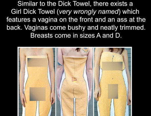 Similar to the Dick Towel, there is a Girl Dick Towel (very wrongly named) which features a vagina at the front and an ass at the back. Vaginas come bushy and neatly trimmed. Breasts come in sizes A and D.